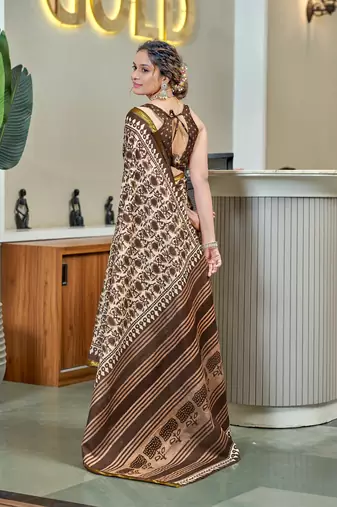 Brown bagru block print modal mulcotton saree with unstitched blouse piece