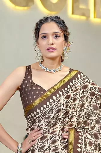 Brown bagru block print modal mulcotton saree with unstitched blouse piece