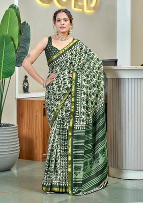 Green bagru block print modal mulcotton saree with unstitched blouse piece 1
