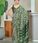 Green bagru block print modal mulcotton saree with unstitched blouse piece