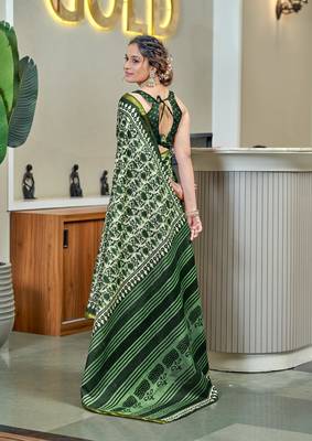 Green bagru block print modal mulcotton saree with unstitched blouse piece 2