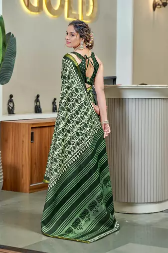 Green bagru block print modal mulcotton saree with unstitched blouse piece