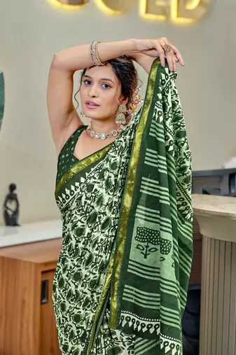 Green bagru block print modal mulcotton saree with unstitched blouse piece