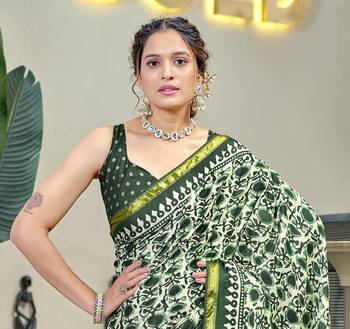 Green bagru block print modal mulcotton saree with unstitched blouse piece 4