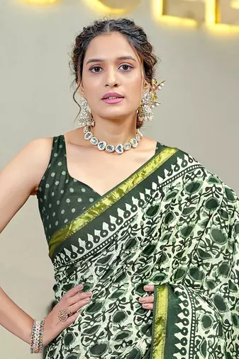Green bagru block print modal mulcotton saree with unstitched blouse piece