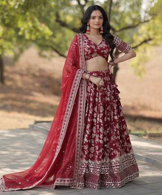 Red jacquard lehenga choli with dupatta 1