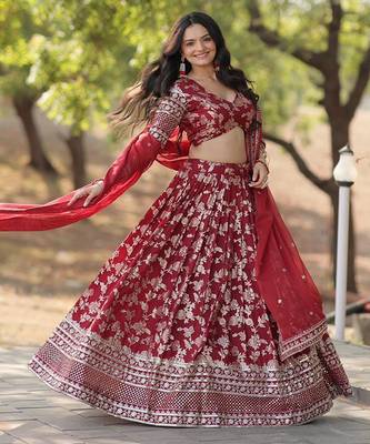 Red jacquard lehenga choli with dupatta 2