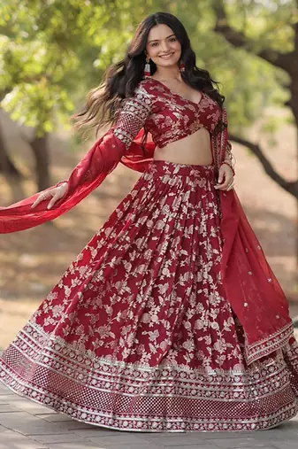 Red jacquard lehenga choli with dupatta