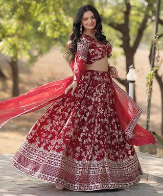 Red jacquard lehenga choli with dupatta 3