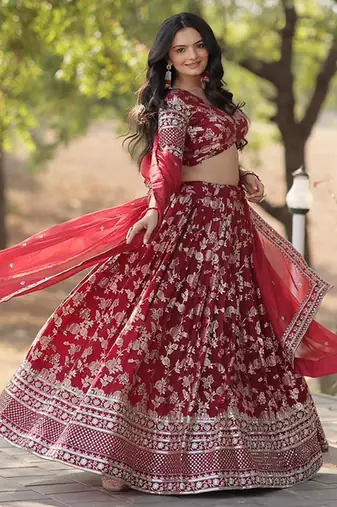 Red jacquard lehenga choli with dupatta