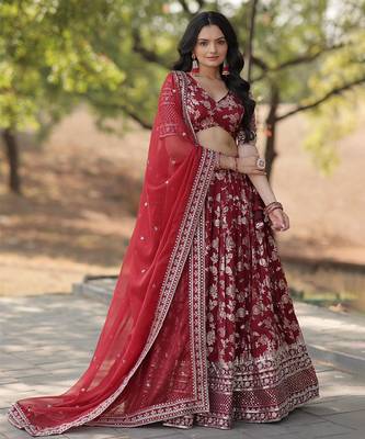 Red jacquard lehenga choli with dupatta 4