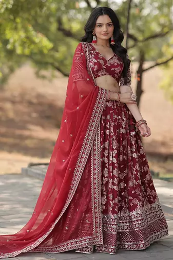 Red jacquard lehenga choli with dupatta