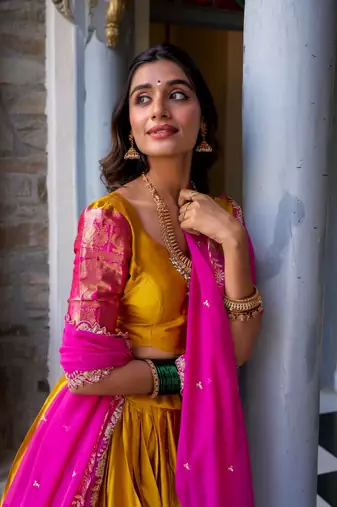 Mustard art silk lehenga choli with dupatta