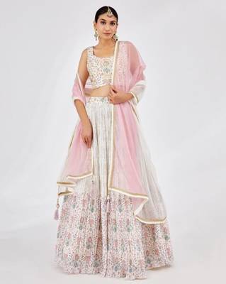 White Floral Print With Embroidery Work Lehenga Choli Set 1