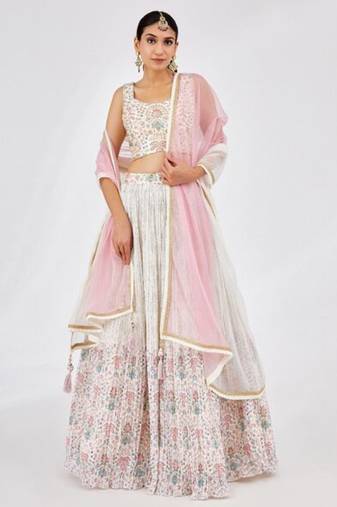 White Floral Print With Embroidery Work Lehenga Choli Set