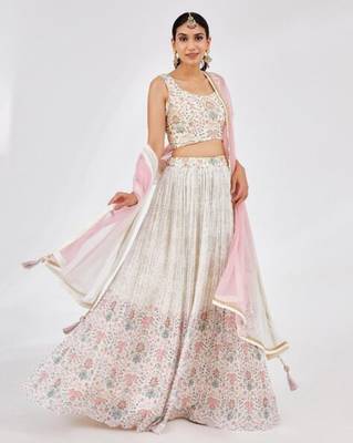 White Floral Print With Embroidery Work Lehenga Choli Set 2