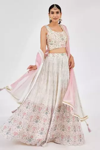 White Floral Print With Embroidery Work Lehenga Choli Set