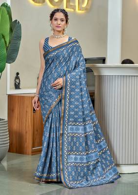 Blue modal mulcotton bagru block print saree with unstitched blouse piece 1