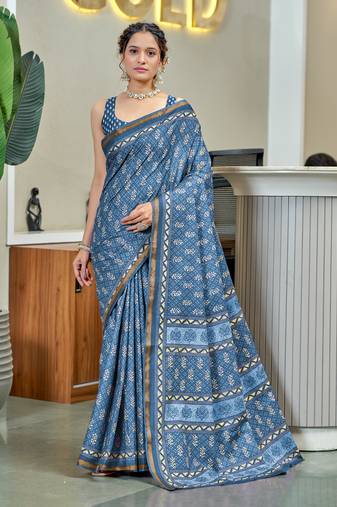 Blue modal mulcotton bagru block print saree with unstitched blouse piece