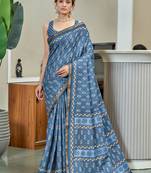 Blue modal mulcotton bagru block print saree with unstitched blouse piece