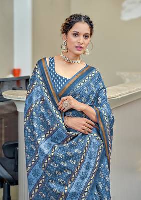 Blue modal mulcotton bagru block print saree with unstitched blouse piece 3