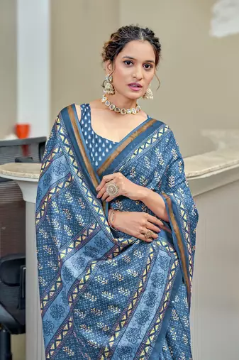 Blue modal mulcotton bagru block print saree with unstitched blouse piece