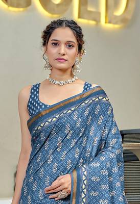 Blue modal mulcotton bagru block print saree with unstitched blouse piece 4