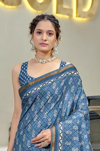 Blue modal mulcotton bagru block print saree with unstitched blouse piece