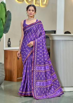 Purple modal mulcotton bagru block print saree with unstitched blouse piece 1