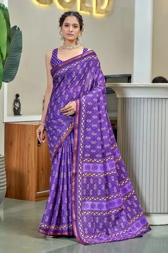 Purple modal mulcotton bagru block print saree with unstitched blouse piece