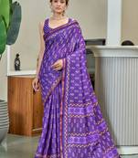Purple modal mulcotton bagru block print saree with unstitched blouse piece