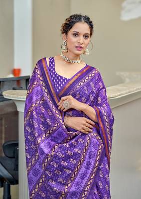 Purple modal mulcotton bagru block print saree with unstitched blouse piece 3