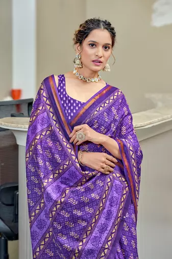 Purple modal mulcotton bagru block print saree with unstitched blouse piece