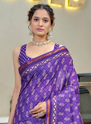 Purple modal mulcotton bagru block print saree with unstitched blouse piece 4
