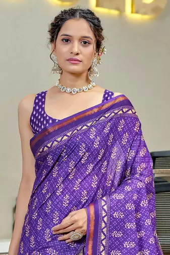 Purple modal mulcotton bagru block print saree with unstitched blouse piece