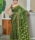 Green modal mulcotton bagru block print saree with unstitched blouse piece