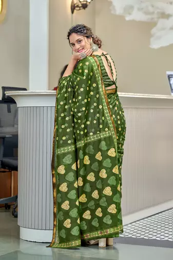Green modal mulcotton bagru block print saree with unstitched blouse piece