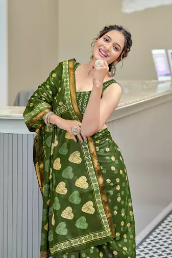 Green modal mulcotton bagru block print saree with unstitched blouse piece