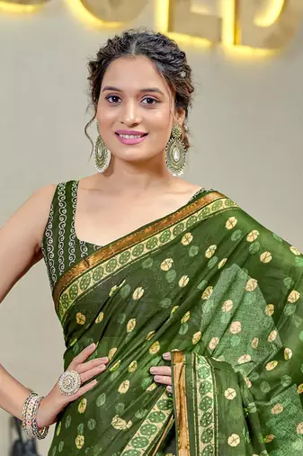 Green modal mulcotton bagru block print saree with unstitched blouse piece