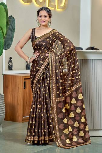 Brown modal mulcotton bagru block print saree with unstitched blouse piece