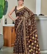 Brown modal mulcotton bagru block print saree with unstitched blouse piece