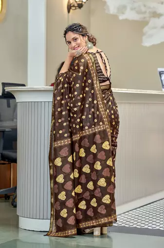 Brown modal mulcotton bagru block print saree with unstitched blouse piece