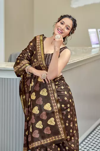 Brown modal mulcotton bagru block print saree with unstitched blouse piece