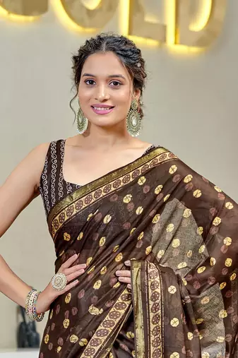 Brown modal mulcotton bagru block print saree with unstitched blouse piece