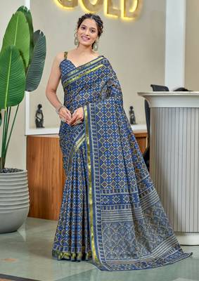 Blue modal mulcotton bagru block print saree with unstitched blouse piece 1