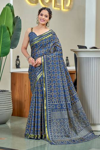 Blue modal mulcotton bagru block print saree with unstitched blouse piece