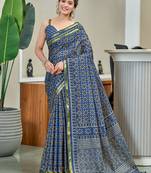 Blue modal mulcotton bagru block print saree with unstitched blouse piece