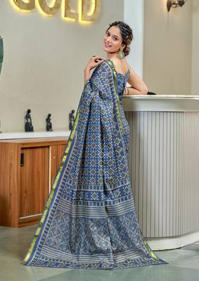 Blue modal mulcotton bagru block print saree with unstitched blouse piece 2
