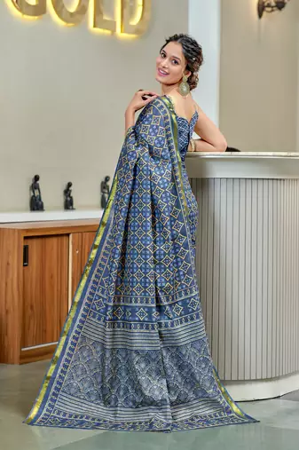 Blue modal mulcotton bagru block print saree with unstitched blouse piece