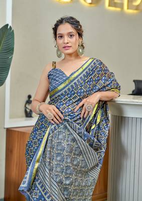 Blue modal mulcotton bagru block print saree with unstitched blouse piece 3